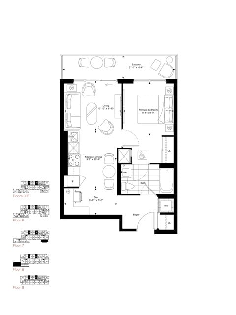 Floor plan for 1 bed, 1 bath, 593 sqft